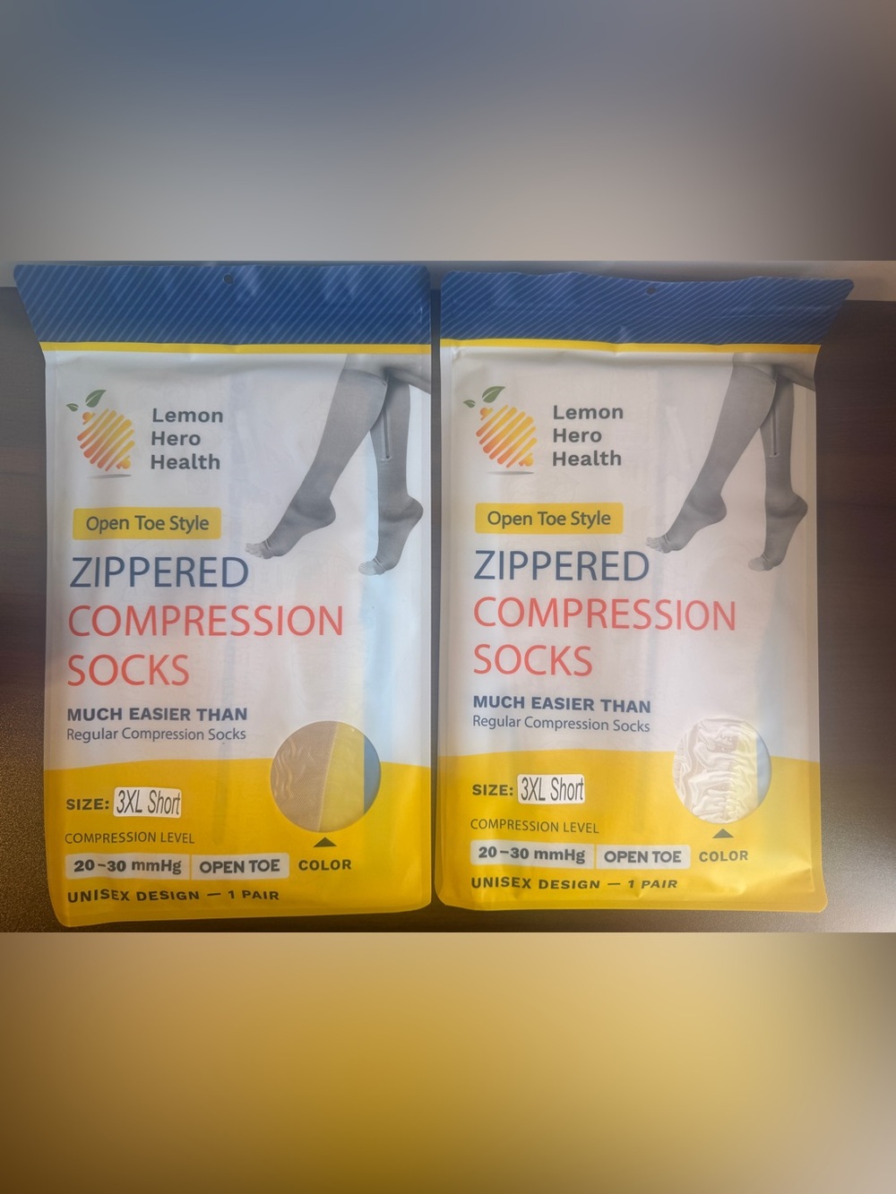 Lemon Hero Health Zippered Compression Socks Open Toe 3XL Short White NEW 2 Pack